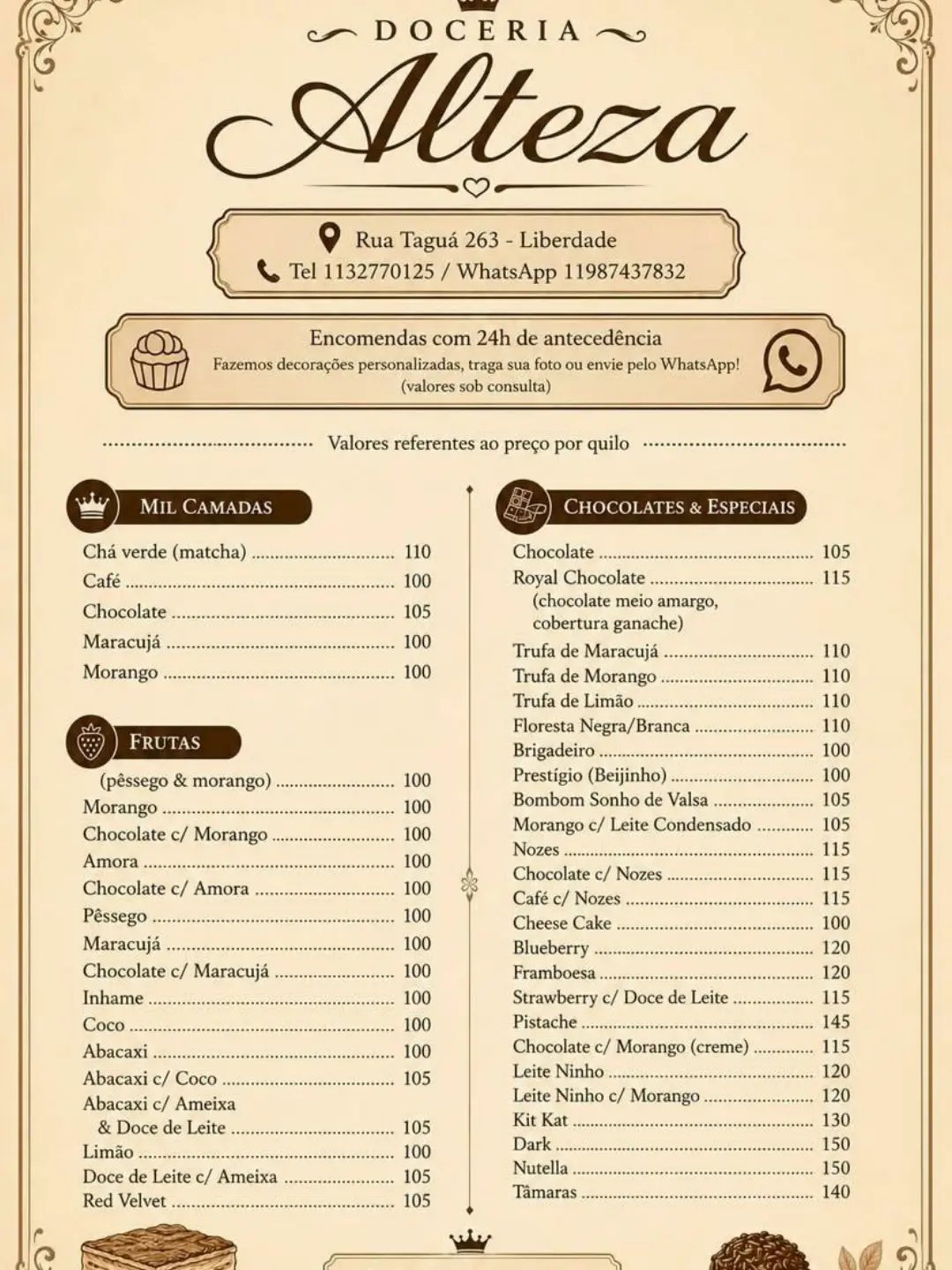 Cardápio oficial de preços por quilo da Doceria Alteza